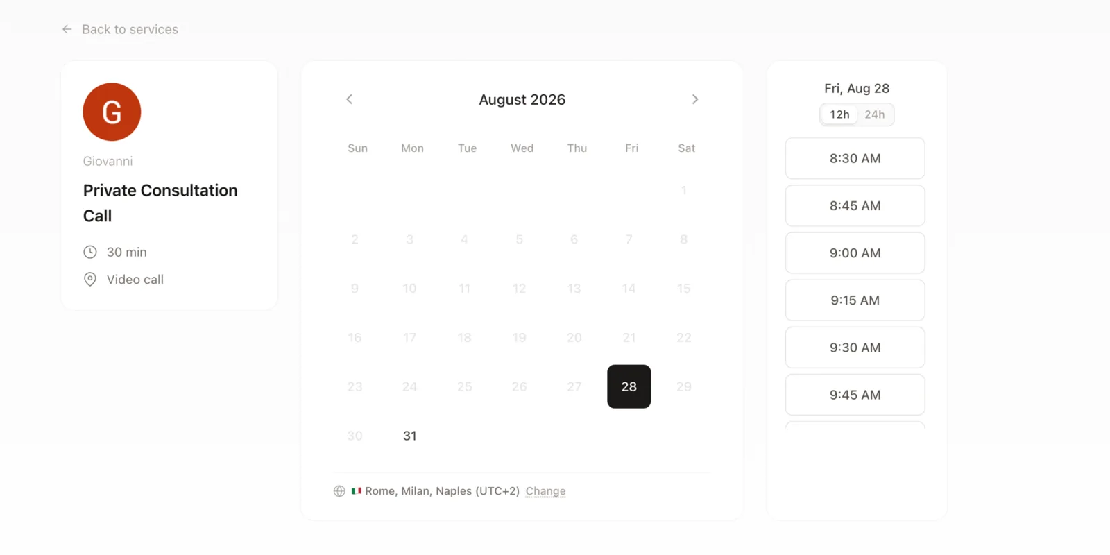 Public booking page: pick a day and a time slot for a 30 minute video call
