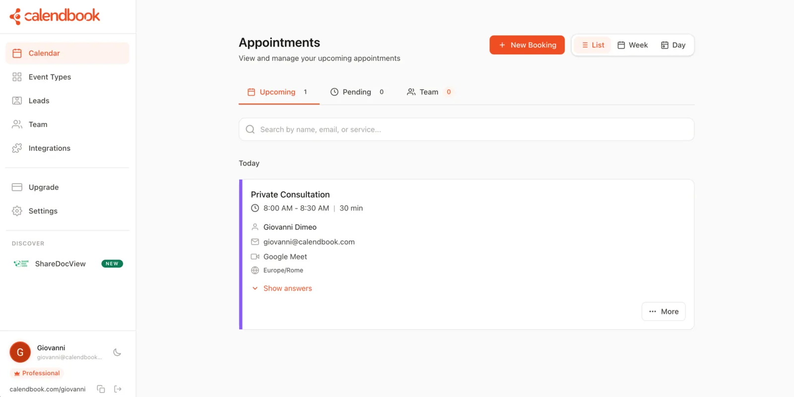 Calendbook appointments dashboard with an upcoming private consultation