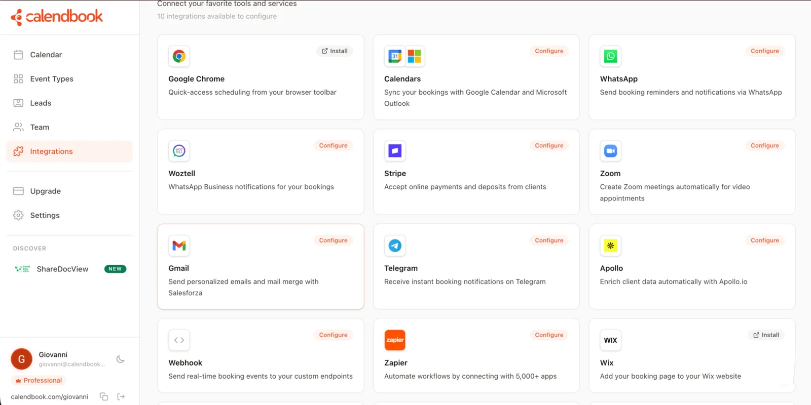 Integrations: Google and Outlook calendars, WhatsApp, Stripe, Zoom, Zapier and more