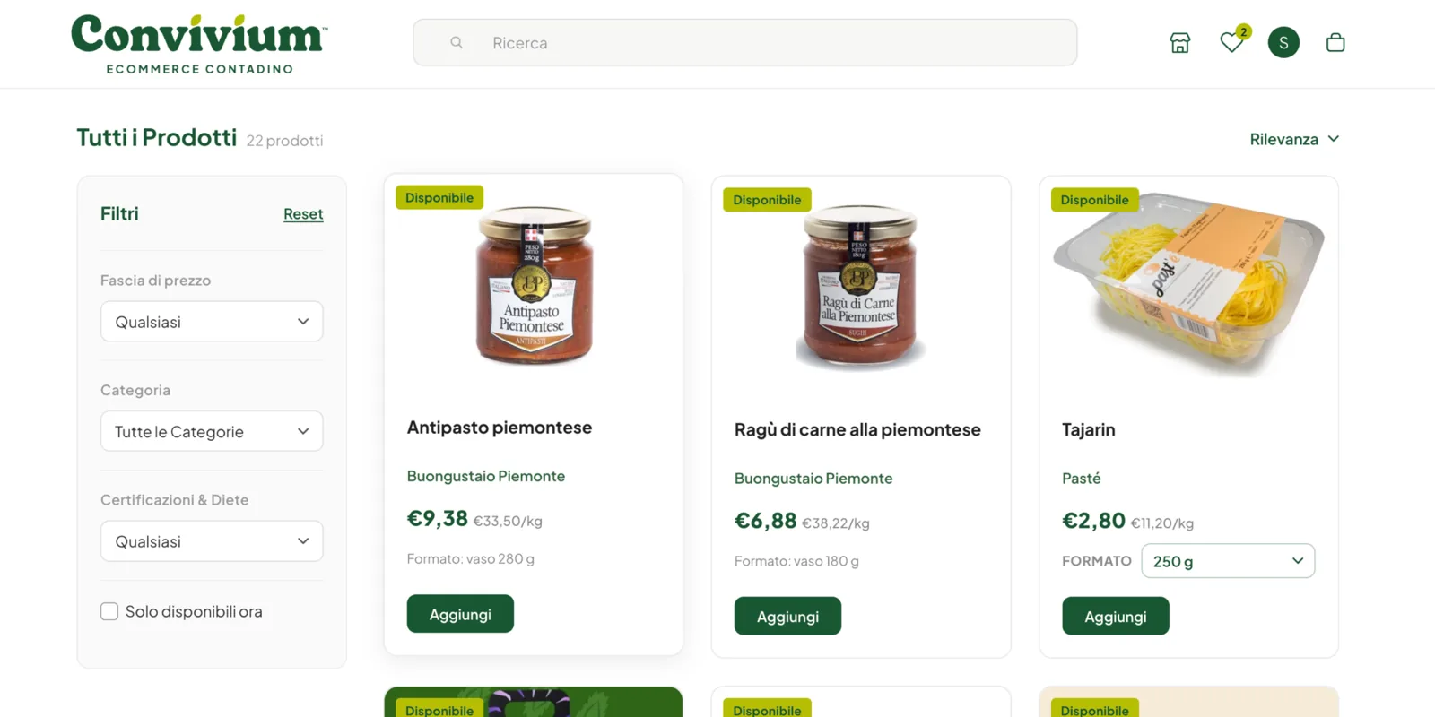 Product catalogue with filters by price, category, certification and availability