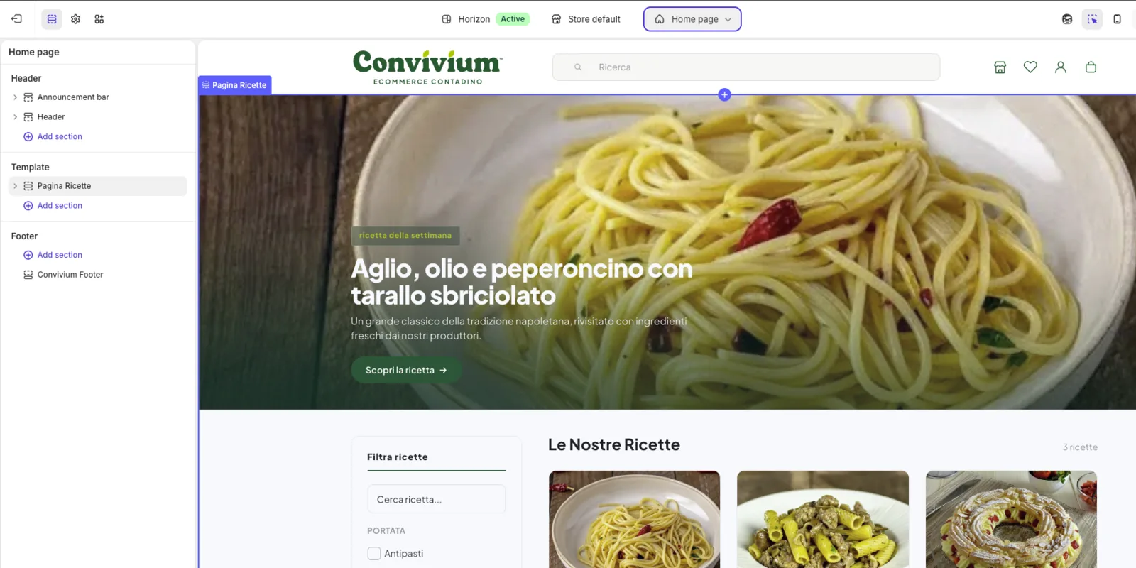 Shopify theme editor on the Convivium recipes page: custom sections built in Liquid