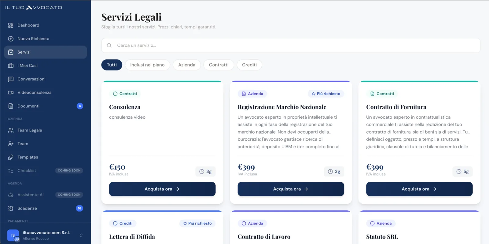 Legal services catalogue with fixed prices, delivery times and one-click purchase