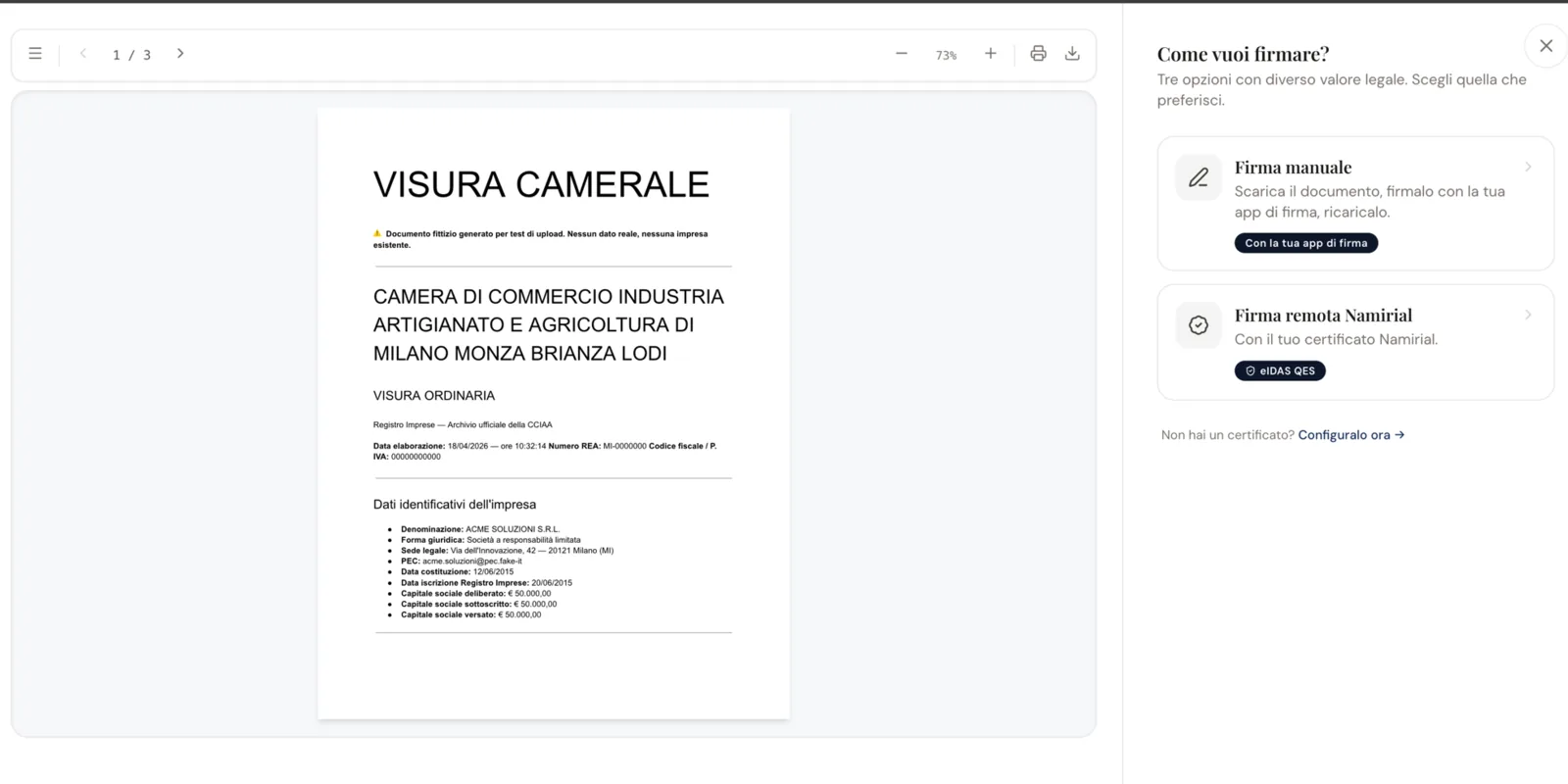 Document signing: manual signature or eIDAS qualified remote signature via Namirial