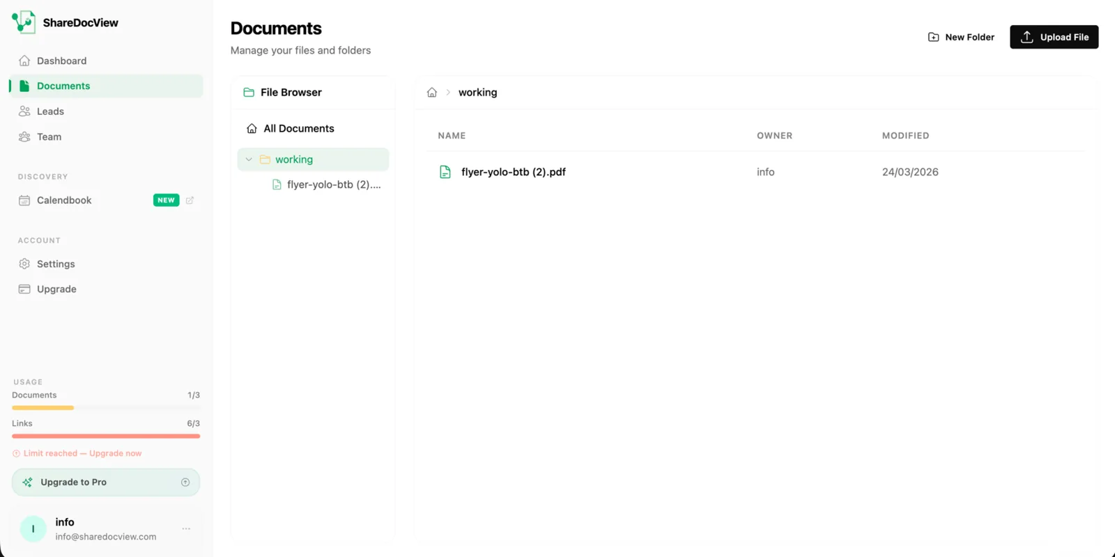 ShareDocView documents: folders, files and usage limits in one view