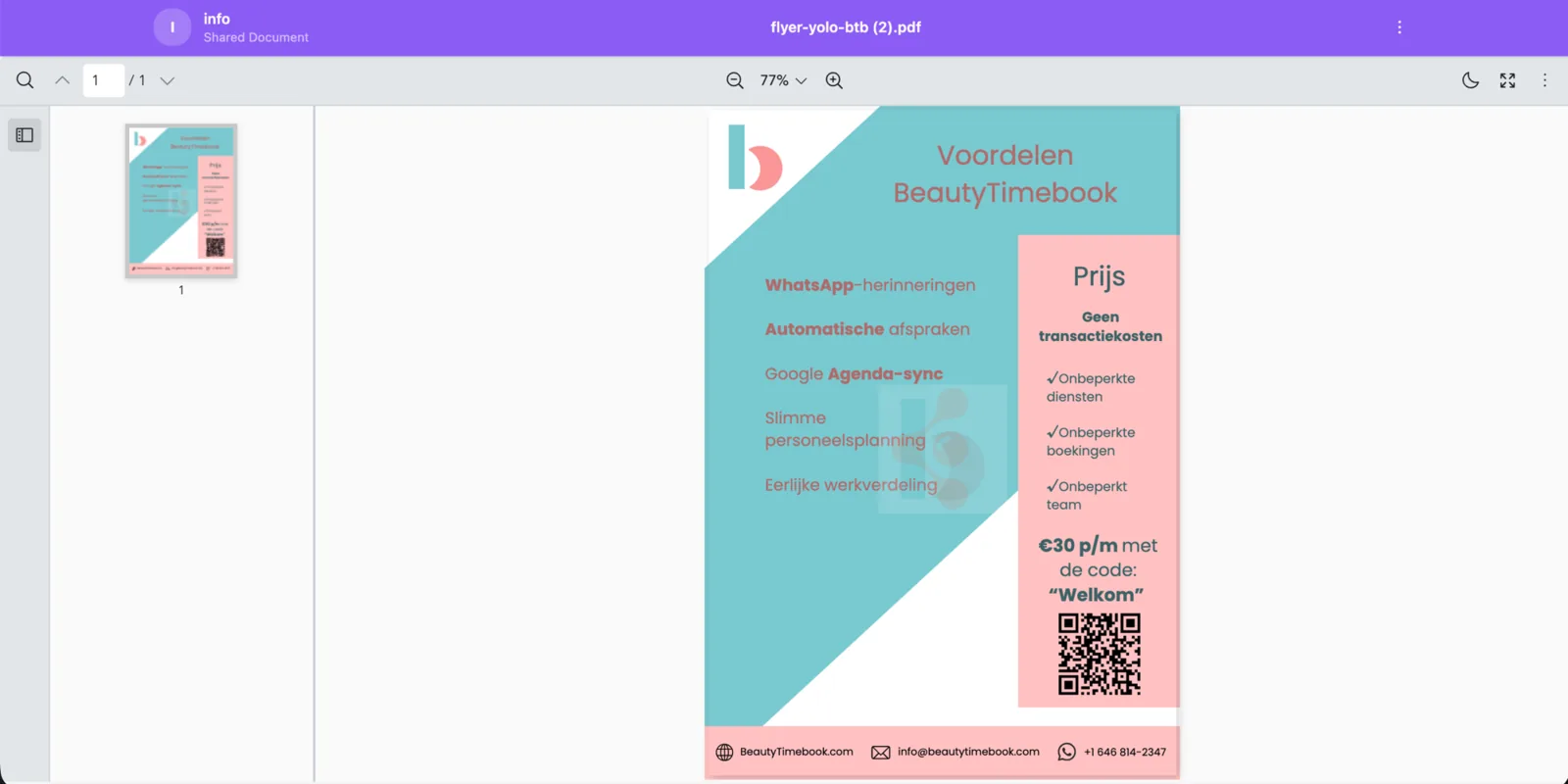 The shared document viewer a recipient sees, with page thumbnails and zoom